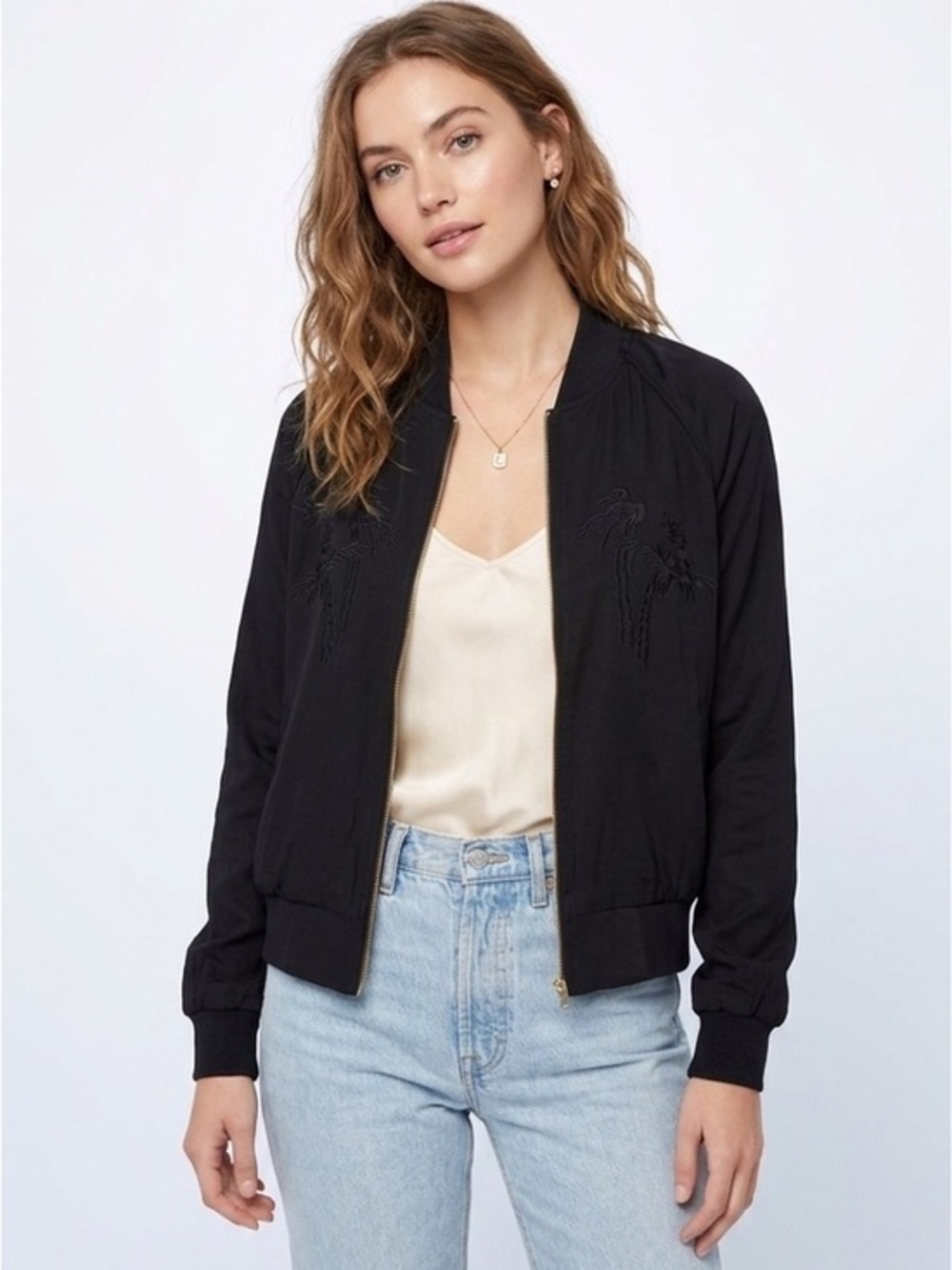 Aritzia Wilfred Free Black Bomber Jacket Embroidery Trees Size XXS